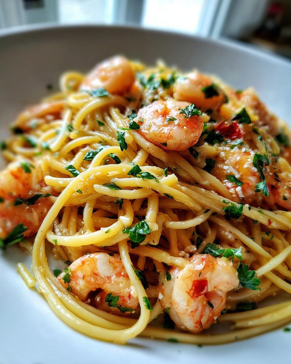 Nahaufnahme von Quick Tasty Cowboy Scampi mit Garnelen, Spaghetti und Petersilie in einer weißen Schüssel.