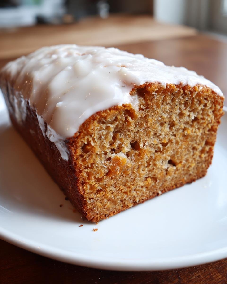 Ein St&uuml;ck Rebel Float Frosted Banana Bread mit dicker wei&szlig;er Glasur auf einem wei&szlig;en Teller.