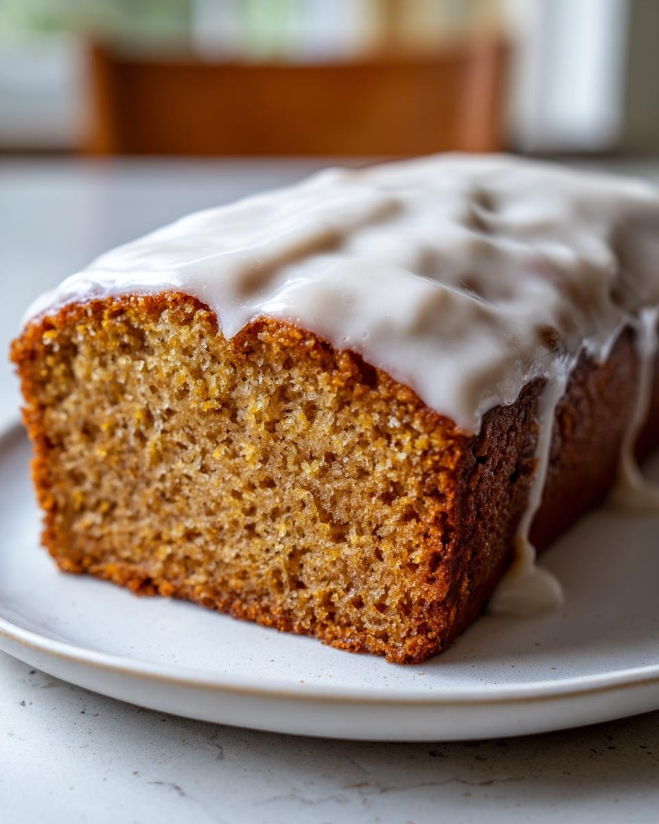 Nahaufnahme eines St&uuml;cks Rebel Float Frosted Banana Bread mit saftiger Krume und dicker Glasur.