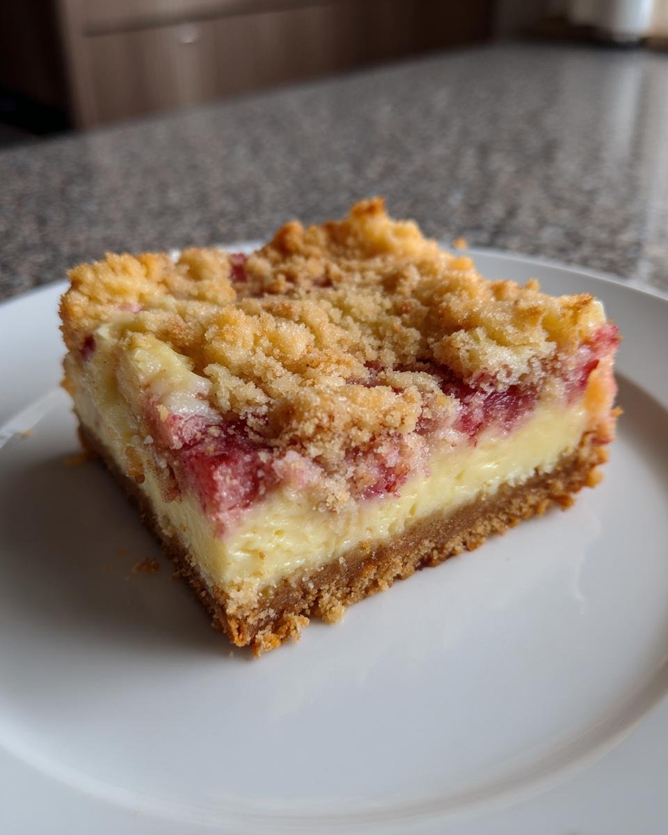 Ein St&uuml;ck Creamy Rhubarb Cheesecake Crumble Bars Recipe auf einem wei&szlig;en Teller.