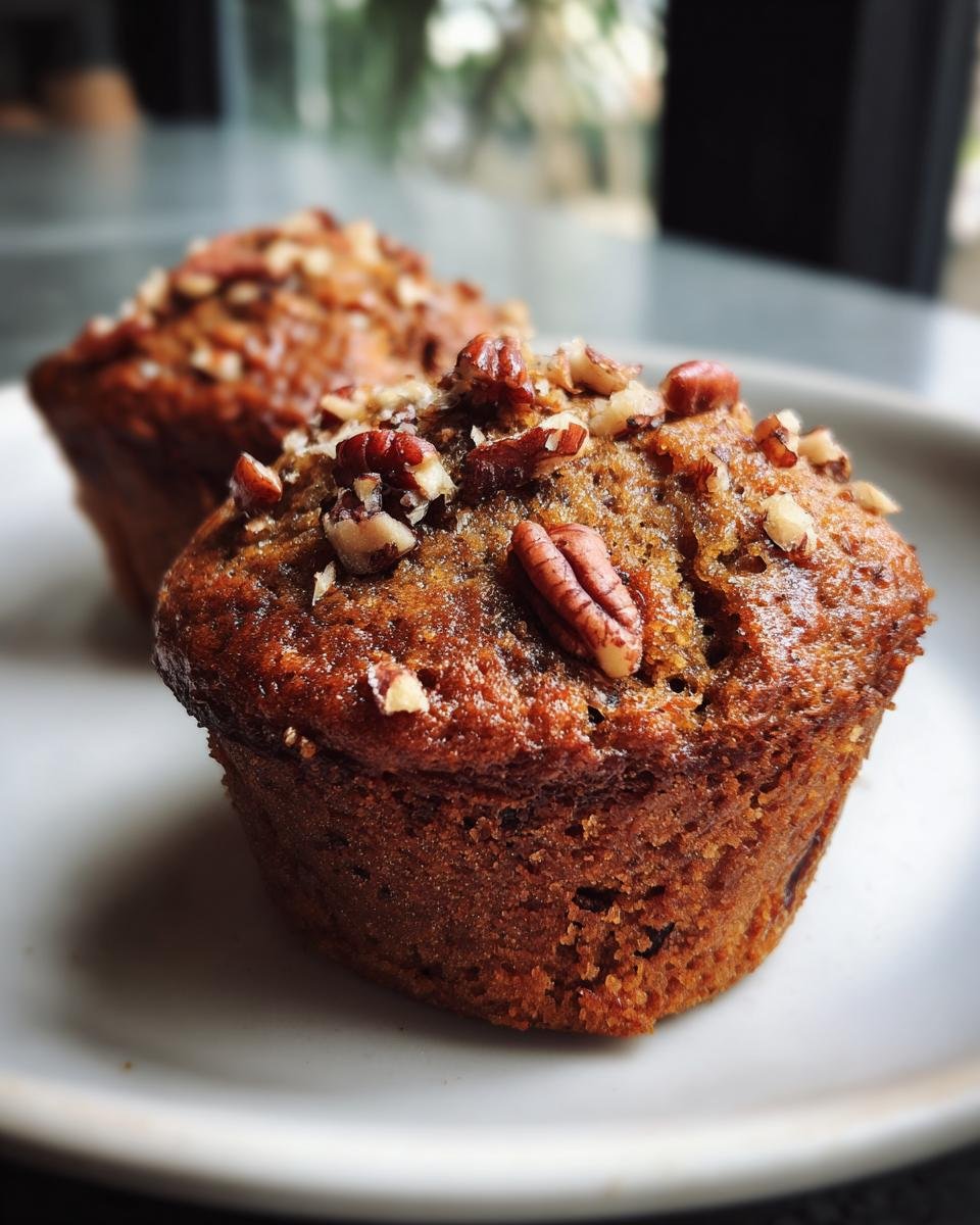 Nahaufnahme von zwei saftigen Banana Cinnamon Pecan Cupcakes, garniert mit Pekann&uuml;ssen.
