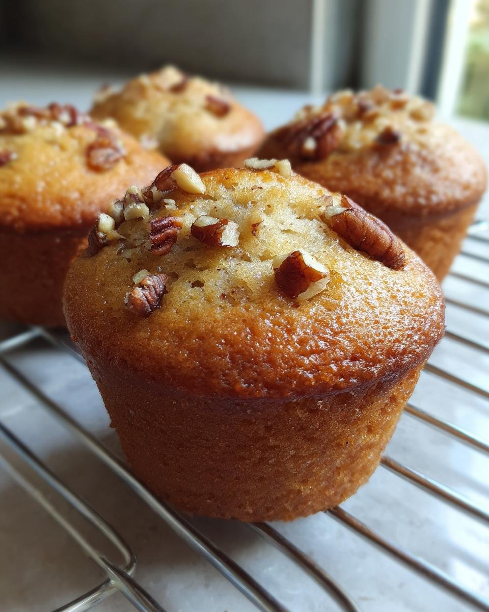 Nahaufnahme von saftigen Banana Cinnamon Pecan Cupcakes mit gehackten Pekann&uuml;ssen auf einem K&uuml;hlrost.