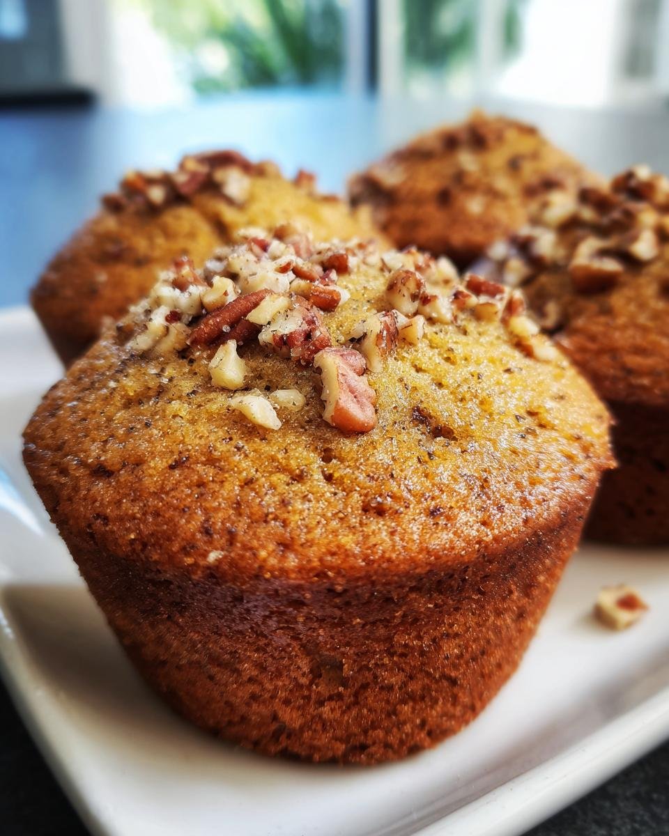Nahaufnahme von saftigen Irresistible Banana Cinnamon Pecan Cupcakes, bestreut mit gehackten Pekann&uuml;ssen.