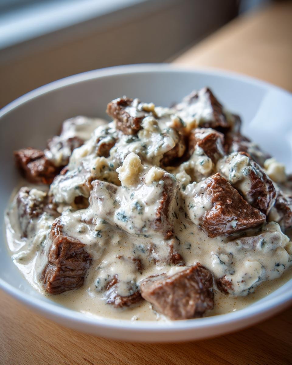 Nahaufnahme von zartem Rindfleischst&uuml;cken in cremiger Savory Braised Beef With Blue Cheese Sauce.