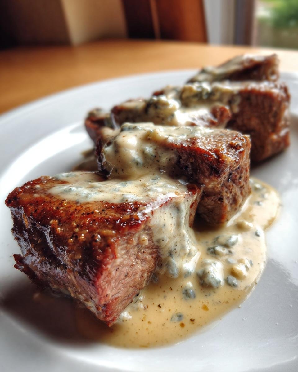 Nahaufnahme von zartem Rindfleischst&uuml;cken, &uuml;bergossen mit cremiger Blauschimmelk&auml;se-Sauce.