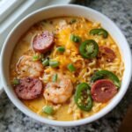 Nahaufnahme einer Sch&uuml;ssel Spicy Jalape&ntilde;o Cheddar Sausage Shrimp Ramen mit geschmolzenem K&auml;se und Jalape&ntilde;o-Scheiben.