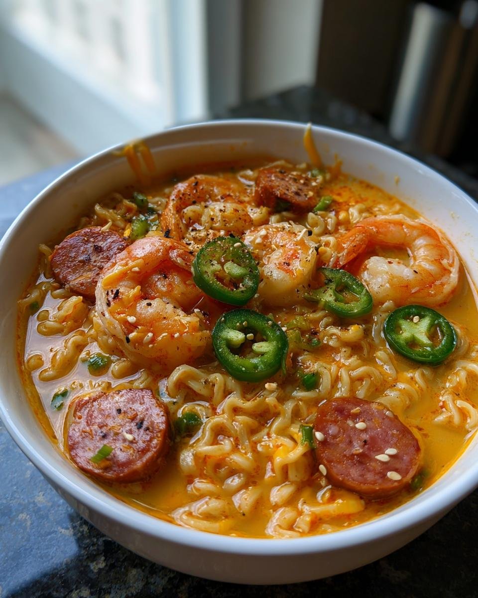Nahaufnahme einer Sch&uuml;ssel Spicy Jalape&ntilde;o Cheddar Sausage Shrimp Ramen mit Garnelen, Wurstscheiben und Jalape&ntilde;o-Ringen.