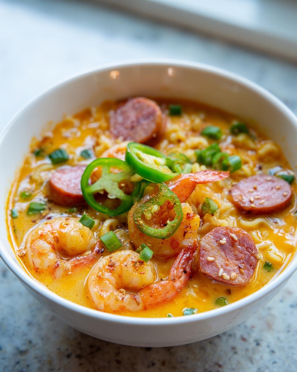 Nahaufnahme von scharfem Jalape&ntilde;o Cheddar Wurst Garnelen Ramen mit Garnelen, Wurstscheiben und Jalape&ntilde;o-Ringen.