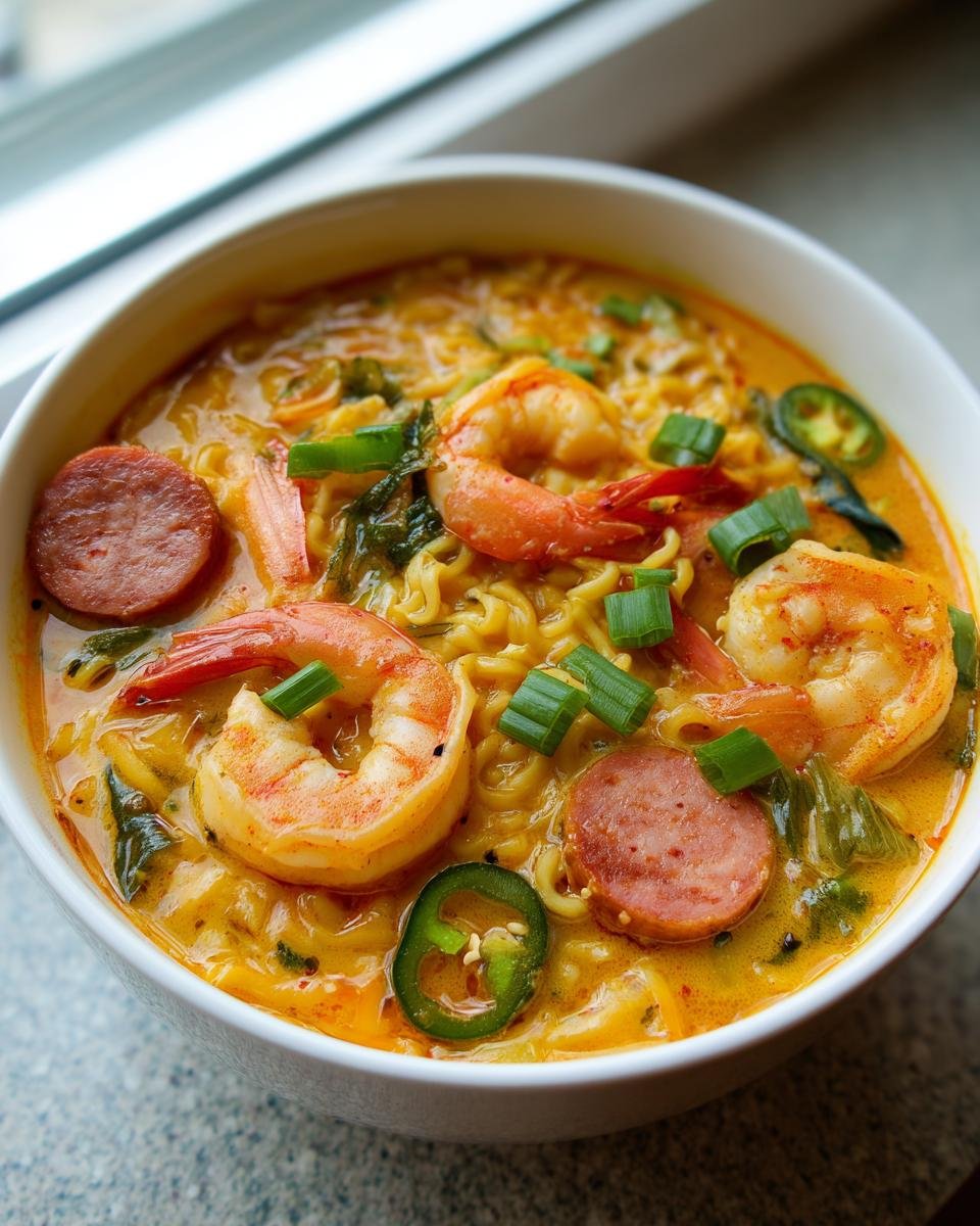 Nahaufnahme einer Sch&uuml;ssel Spicy Jalape&ntilde;o Cheddar Sausage Shrimp Ramen mit Garnelen und Wurstscheiben.