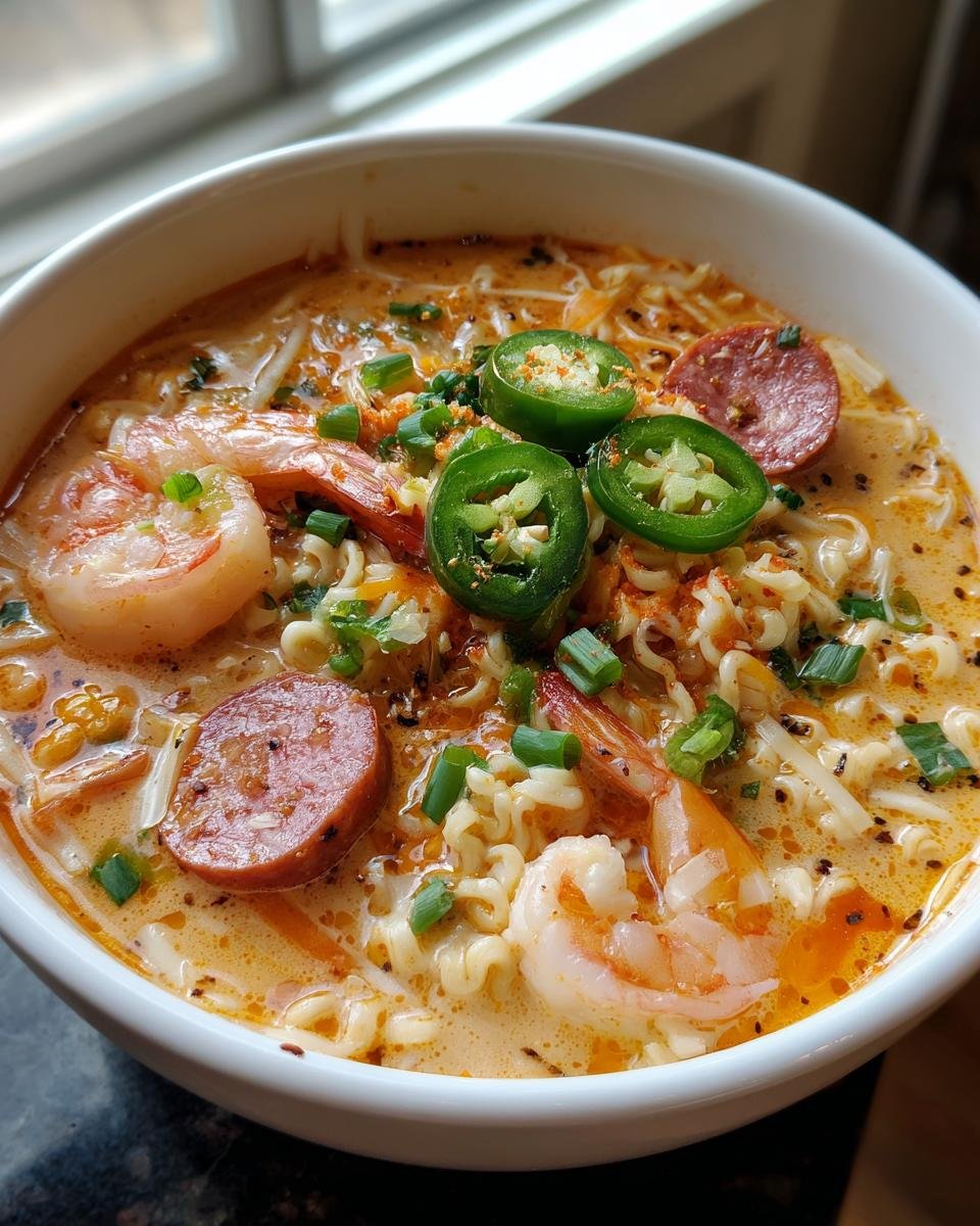 Nahaufnahme einer Sch&uuml;ssel Spicy Jalape&ntilde;o Cheddar Sausage Shrimp Ramen mit Garnelen, Wurstscheiben und Jalape&ntilde;o-Ringen.