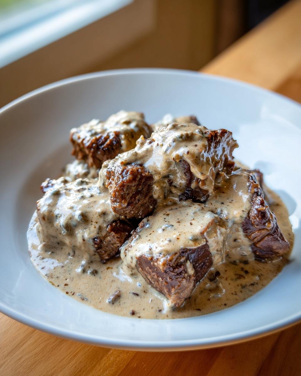 Nahaufnahme von zartem Schmorbratenst&uuml;cken in cremiger Blauschimmelk&auml;se-Sauce.