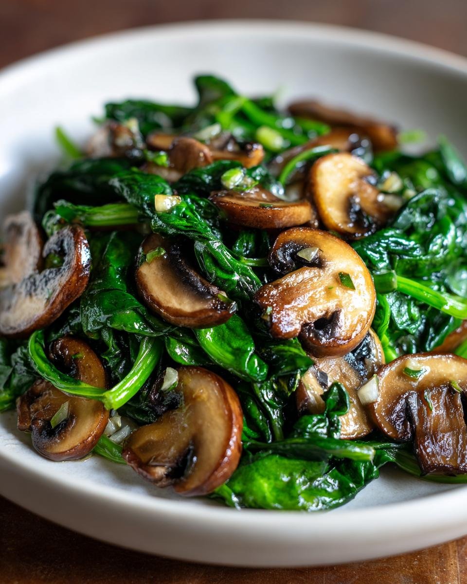 Nahaufnahme von schnellen gebratenen Pilzen mit Spinat, gl&auml;nzend und frisch in einer wei&szlig;en Sch&uuml;ssel.