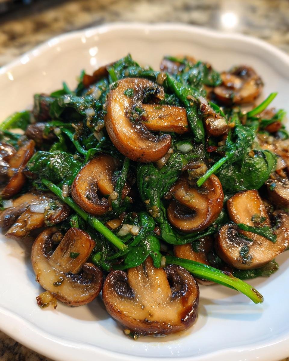 Nahaufnahme von schnellen gebratenen Pilzen mit Spinat, gl&auml;nzend und w&uuml;rzig auf einem wei&szlig;en Teller.