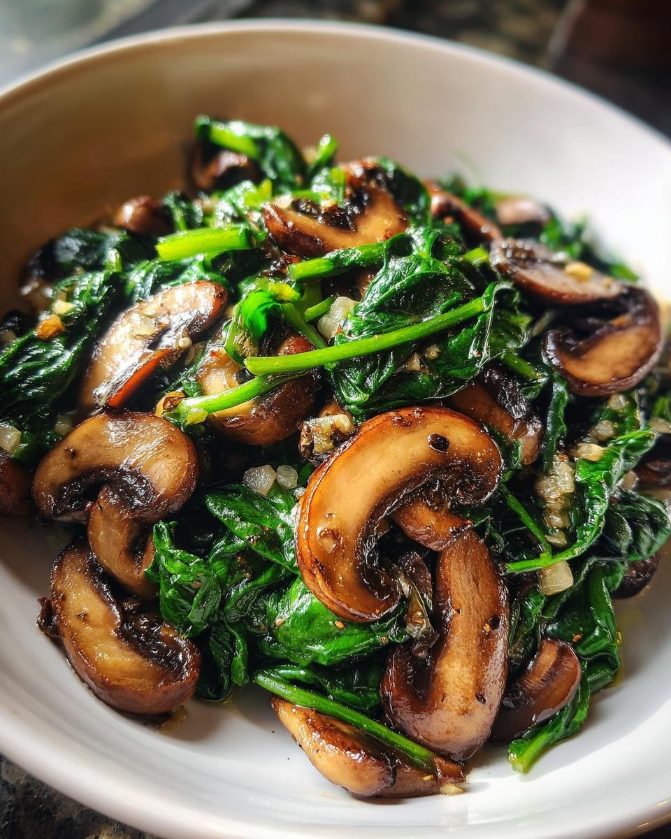Nahaufnahme von schnell gebratenen Pilzen mit Spinat in einer wei&szlig;en Sch&uuml;ssel, gl&auml;nzend und appetitlich.