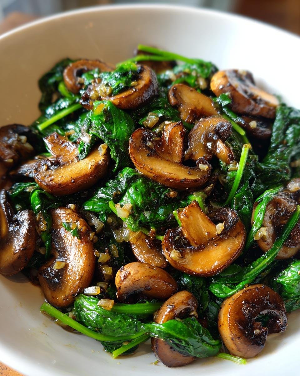 Nahaufnahme von schnellen gebratenen Pilzen mit Spinat und Knoblauchst&uuml;ckchen in einer wei&szlig;en Sch&uuml;ssel.