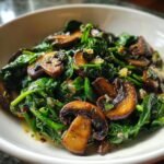 Gebratene Pilze und Spinat in einer wei&szlig;en Sch&uuml;ssel &ndash; Schnelle Pilze mit Spinat.