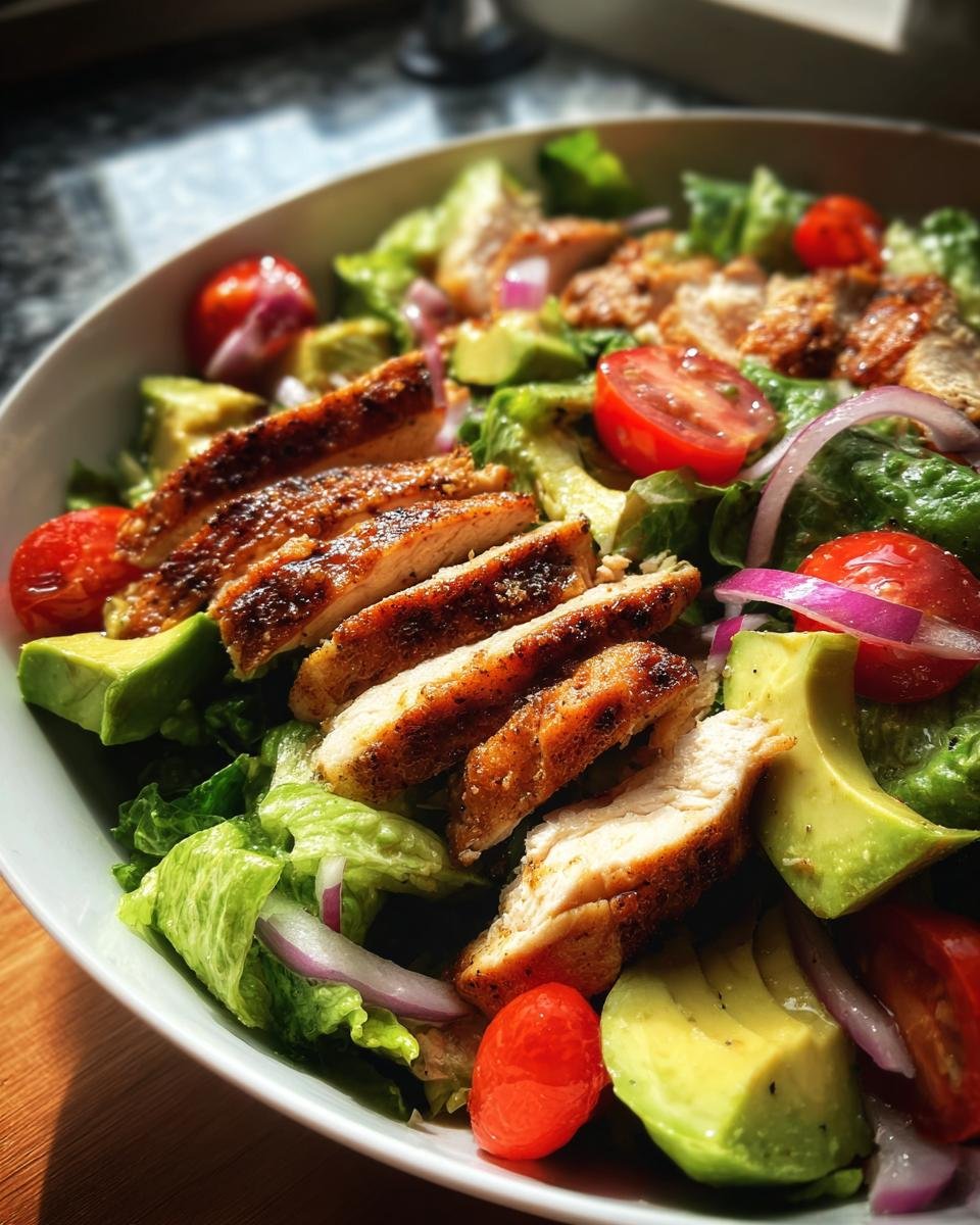 Nahaufnahme eines Sch&uuml;ssel mit Quick Grilled Chicken Avocado Salad, belegt mit gegrillten H&auml;hnchenstreifen und Avocado.