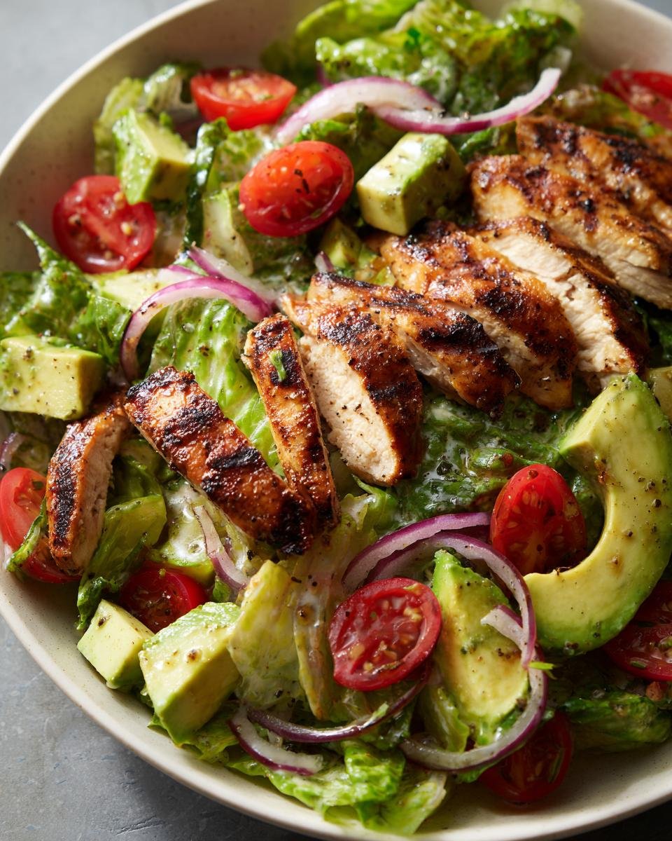 Nahaufnahme eines Sch&uuml;ssel mit schnellem gegrilltem H&auml;hnchen Avocado Salat, garniert mit Tomaten und roten Zwiebeln.