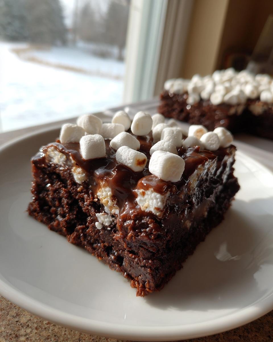 Ein St&uuml;ck Irresistible Chocolate Poke Cake With Marshmallow auf einem wei&szlig;en Teller mit geschmolzener Schokolade und Mini-Marshmallows.