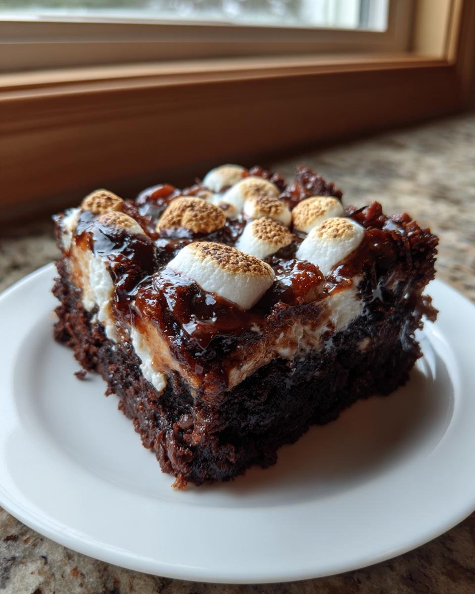 Ein St&uuml;ck Irresistible Chocolate Poke Cake With Marshmallow auf einem wei&szlig;en Teller mit getoasteten Marshmallows.