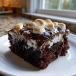 Ein St&uuml;ck Irresistible Chocolate Poke Cake With Marshmallow auf einem wei&szlig;en Teller mit getoasteten Marshmallows.