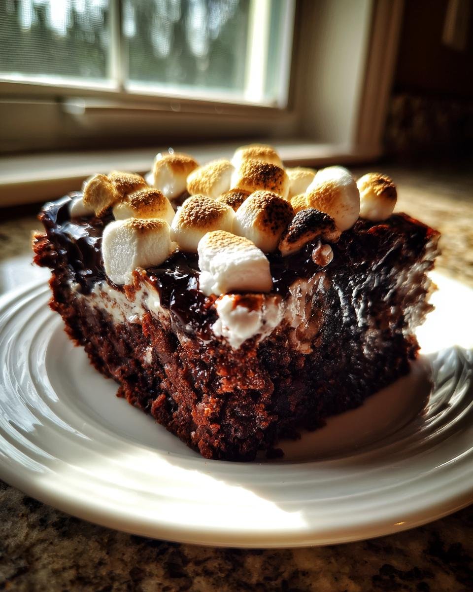 Ein St&uuml;ck unwiderstehlicher Chocolate Poke Cake mit Marshmallow, bedeckt mit geschmolzener Schokolade.