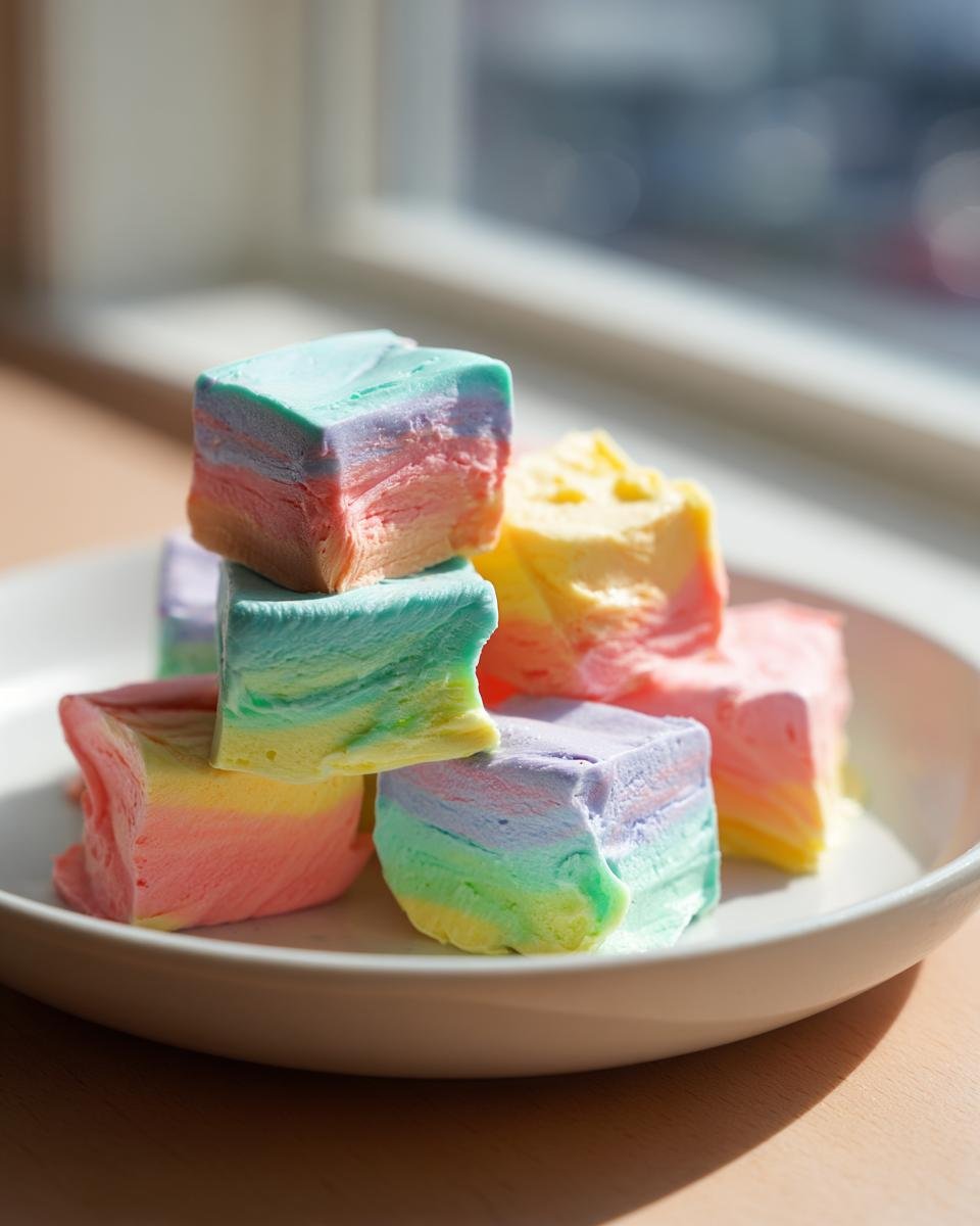 Nahaufnahme von gestapelten, bunten W&uuml;rfeln selbstgemachtes Saltwater Taffy auf einem wei&szlig;en Teller.