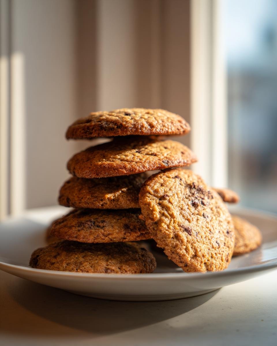 Stapel von mehreren Soft Chewy Banana Bread Cookies mit Schokost&uuml;ckchen auf einem wei&szlig;en Teller.