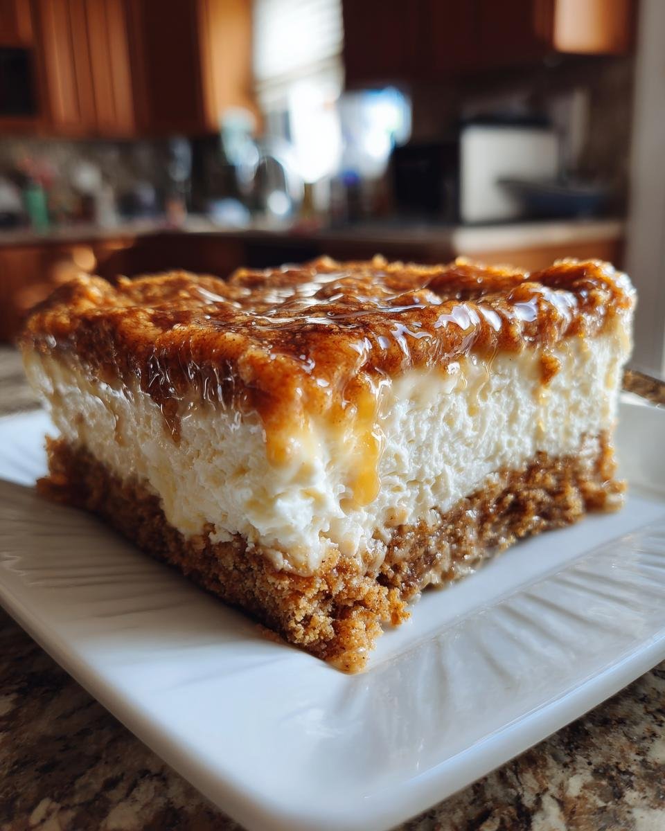 Ein St&uuml;ck Delicious Honey Cinnamon Sugar Sopapilla Cheesecake mit cremiger F&uuml;llung und Honig-Zimt-Glasur.