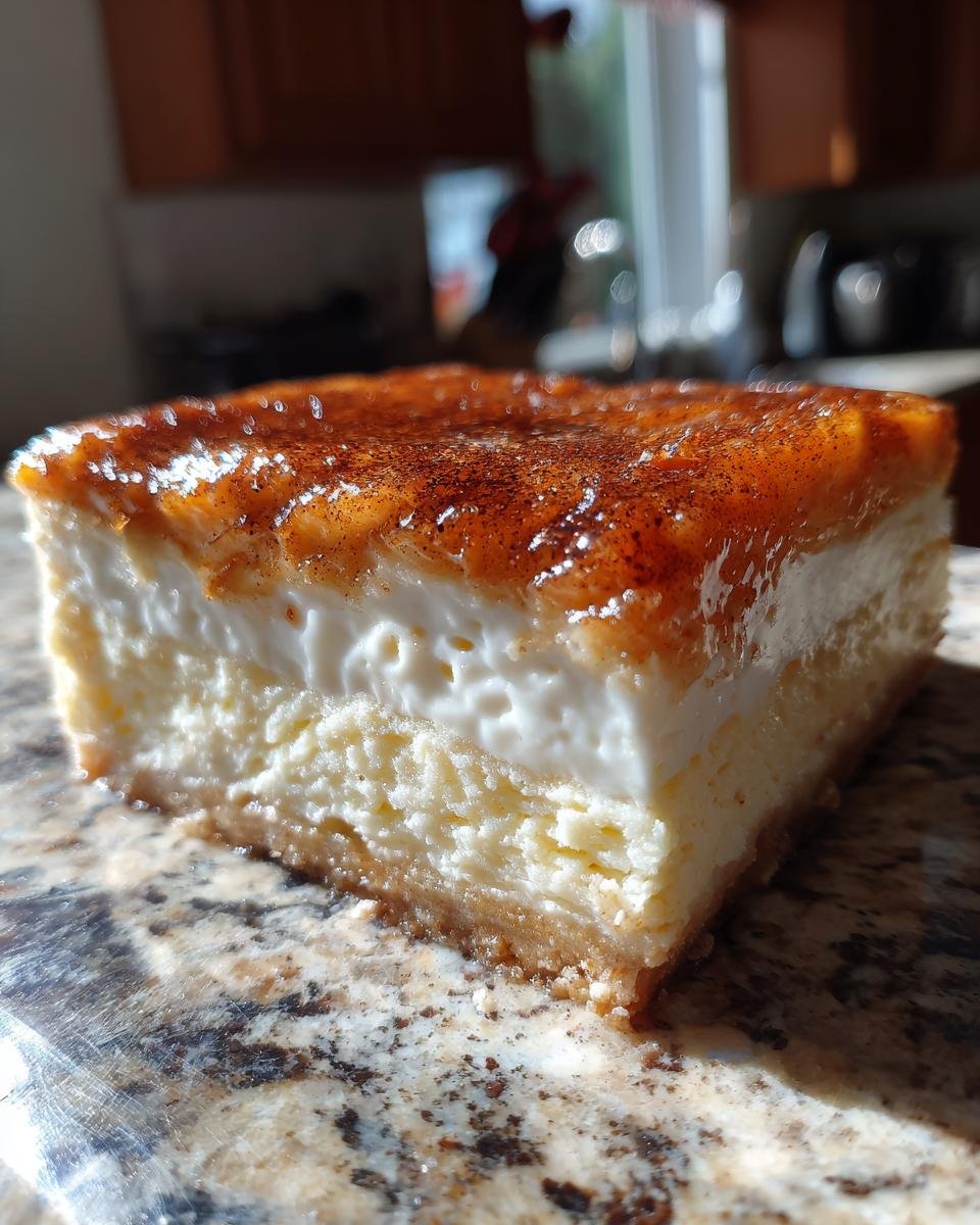 Nahaufnahme eines St&uuml;cks Delicious Honey Cinnamon Sugar Sopapilla Cheesecake mit Honigglasur.