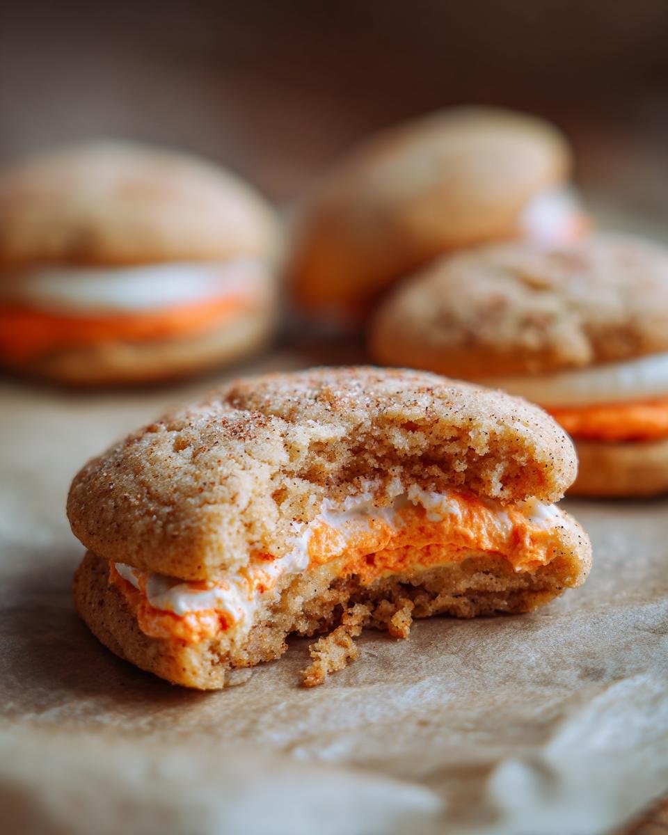 Ein angeschnittenes Spooktacular Halloween Stuffed Cookie mit orange-wei&szlig;er F&uuml;llung auf Backpapier.