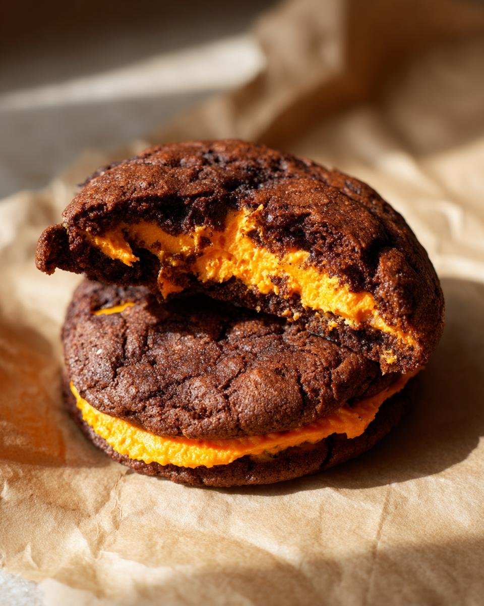 Nahaufnahme von zwei Spooktacular Halloween Stuffed Cookies mit leuchtend oranger F&uuml;llung auf braunem Backpapier.