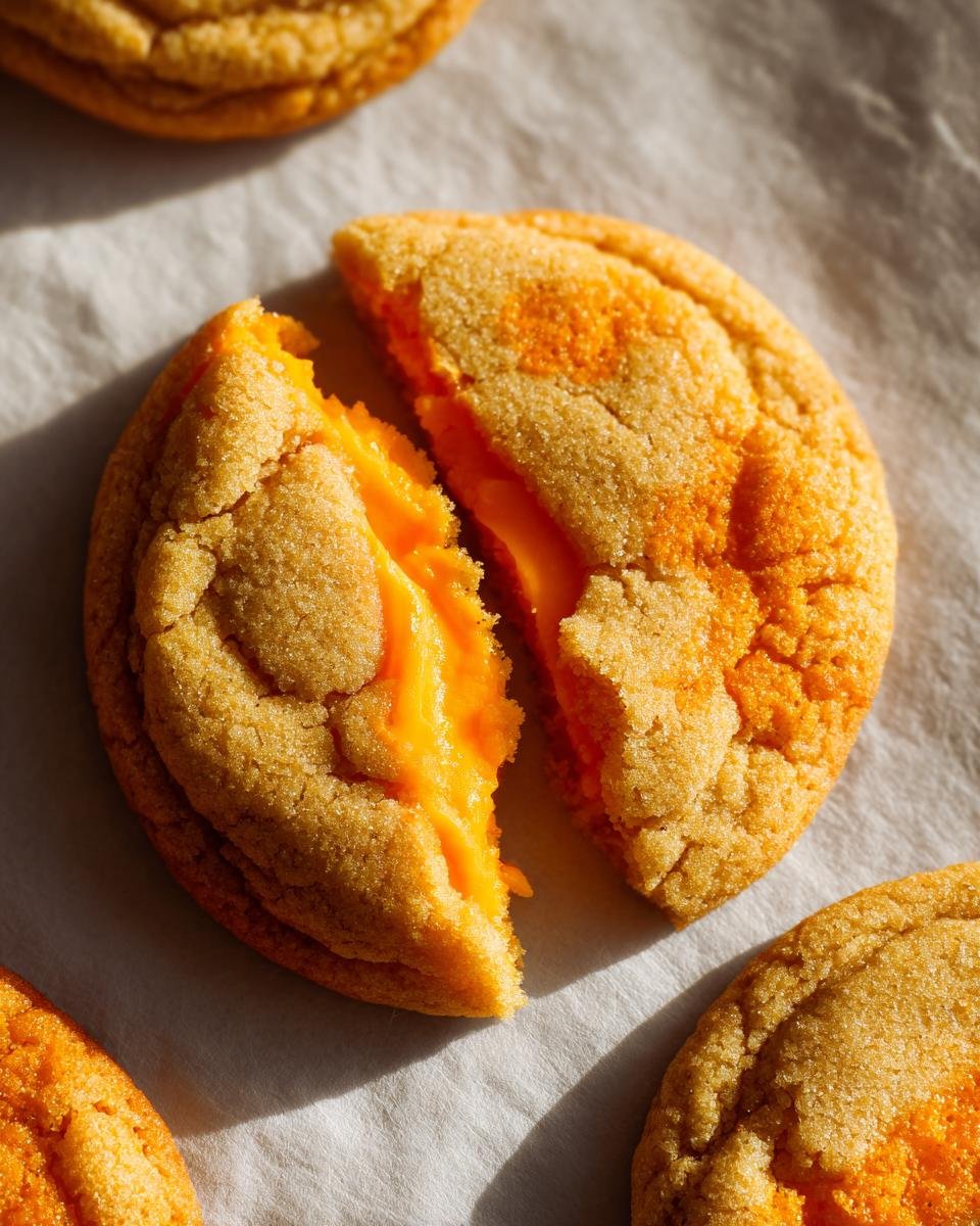 Aufgeschnittener Keks mit leuchtend orangefarbener F&uuml;llung, ein Beispiel f&uuml;r Spooktacular Halloween Stuffed Cookies.
