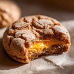 Angeschnittener, zimtbestreuter Keks mit leuchtend oranger F&uuml;llung, ein Beispiel f&uuml;r Spooktacular Halloween Stuffed Cookies.