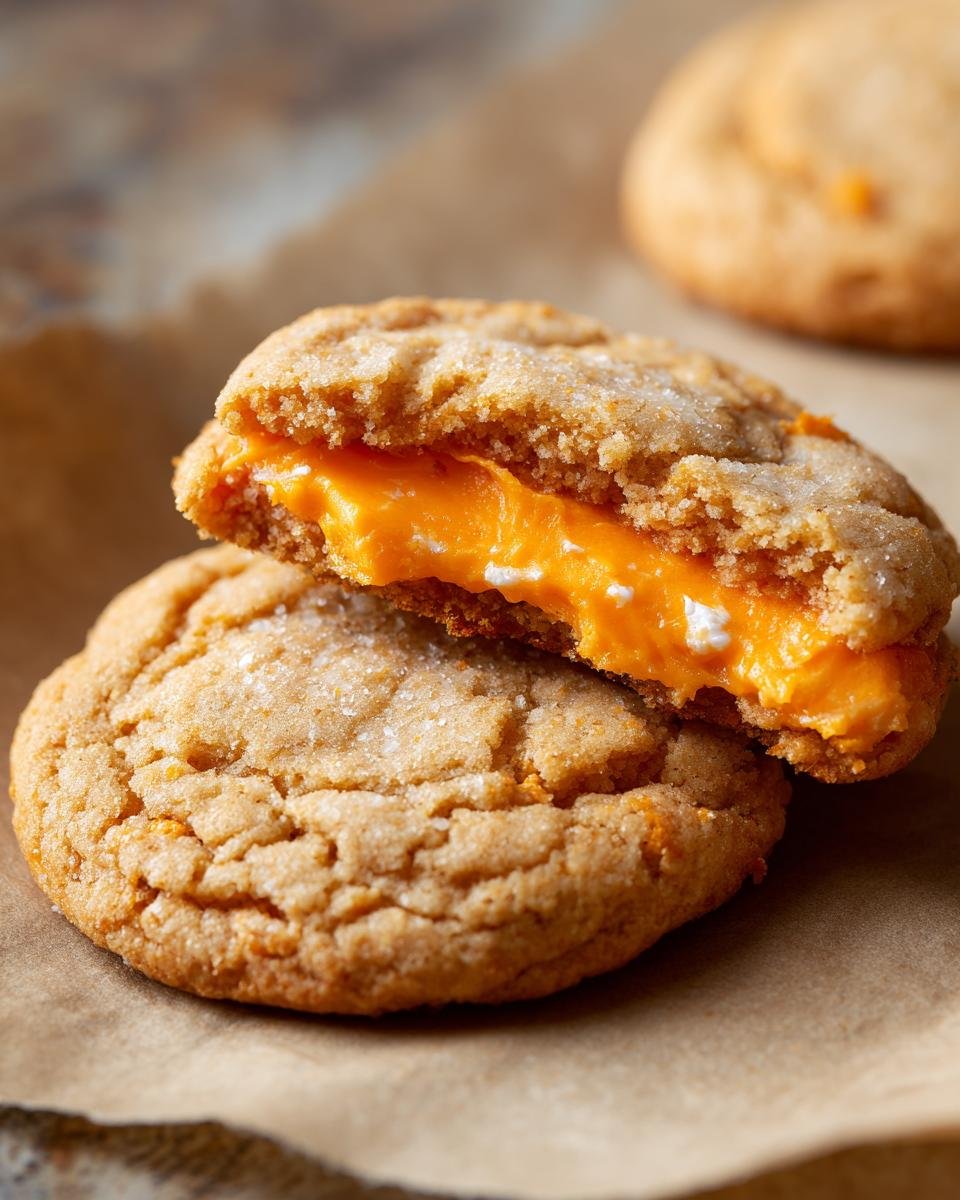 Nahaufnahme von Spooktacular Halloween Stuffed Cookies, einer davon aufgeschnitten mit leuchtend oranger F&uuml;llung.