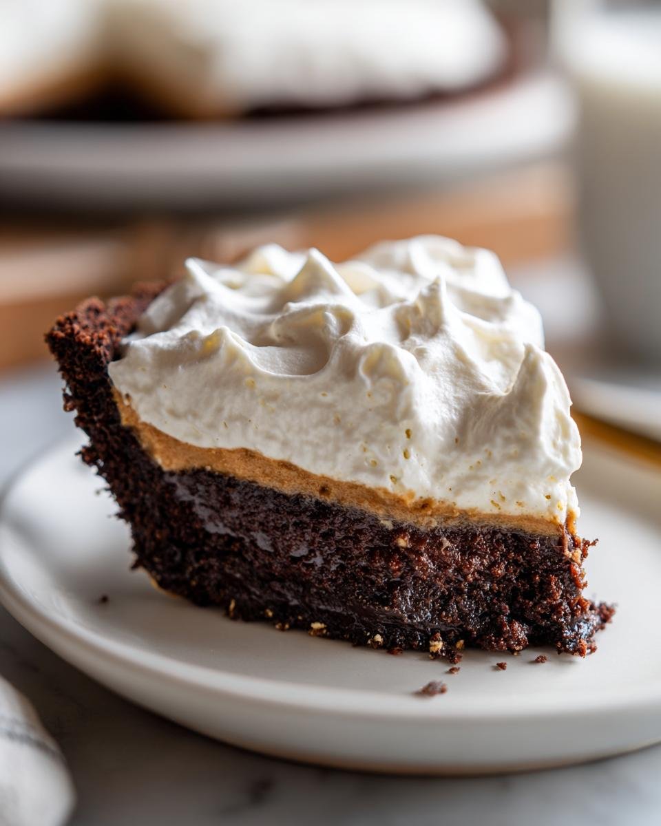 Nahaufnahme eines St&uuml;cks Decadent No Bake Chocolate Peanut Butter Pie mit Schokoladenboden und Sahnetopping.