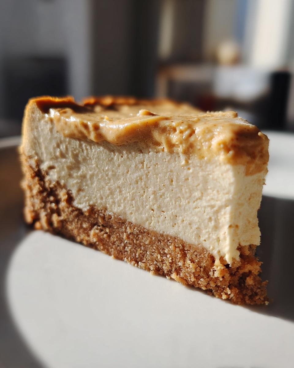 Nahaufnahme eines St&uuml;cks Decadent White Chocolate Peanut Butter Cheesecake mit Keksboden.