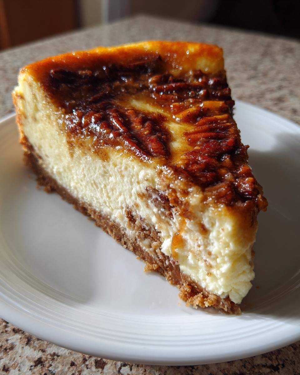 Nahaufnahme eines cremigen St&uuml;cks Dekadenter Creme Brulee Karamell Pekannusskuchen mit karamellisierten Pekann&uuml;ssen obenauf.