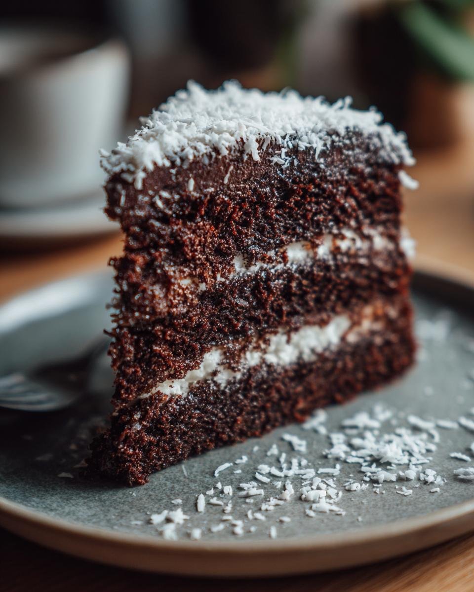 Nahaufnahme eines St&uuml;cks Delicious Easy Chocolate Coconut Cake mit Schichten aus dunklem Kuchen und wei&szlig;er Creme, bestreut mit Kokosraspeln.