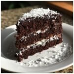 Ein saftiges St&uuml;ck Delicious Easy Chocolate Coconut Cake mit Schokoboden und Kokoscremef&uuml;llung.