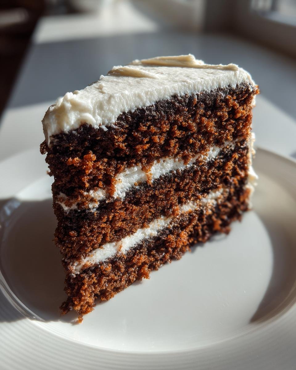 Nahaufnahme eines saftigen St&uuml;cks Delicious Gingerbread Cake mit drei Schichten dunklem Kuchen und wei&szlig;er Creme.