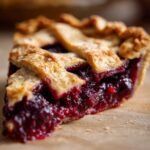 Nahaufnahme eines St&uuml;cks Irresistible Homemade Huckleberry Pie mit saftiger, dunkelroter F&uuml;llung und goldbrauner Gitterkruste.