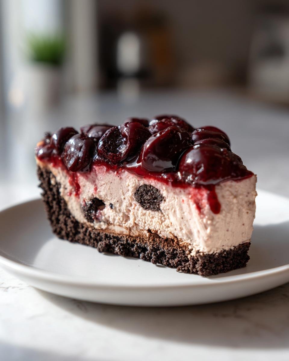 Ein St&uuml;ck No Bake Chocolate Cherry Cream Pie mit dunklem Keksboden und Kirschtopping auf einem wei&szlig;en Teller.