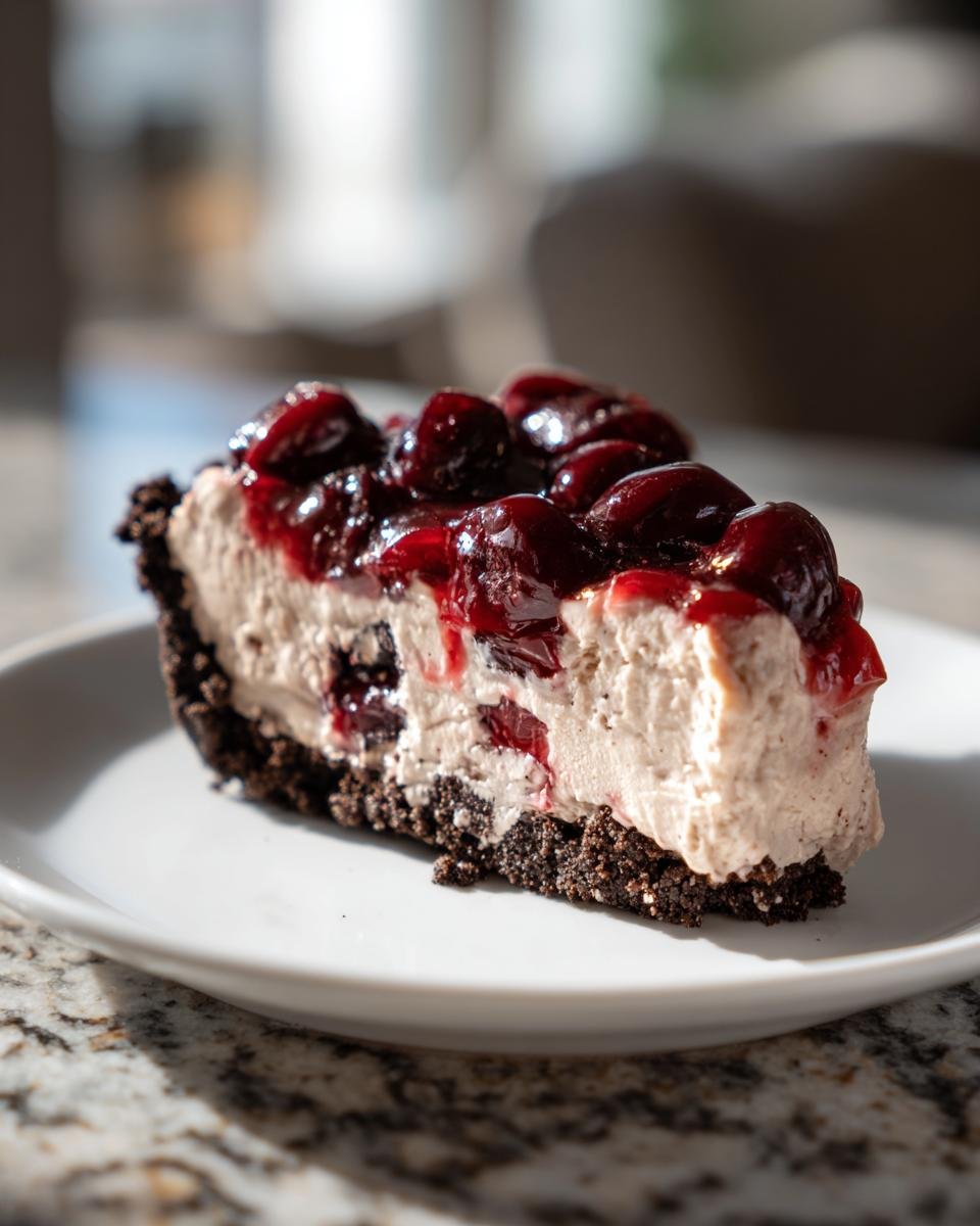 Ein St&uuml;ck No Bake Chocolate Cherry Cream Pie mit dunklem Keksboden und Kirschtopping auf einem wei&szlig;en Teller.