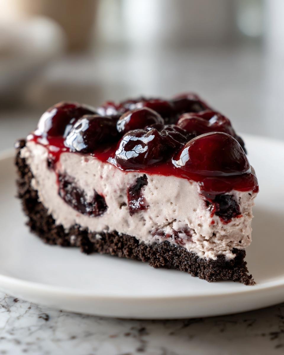 Nahaufnahme eines St&uuml;cks No Bake Chocolate Cherry Cream Pie mit dunklem Keksboden und Kirschtopping.