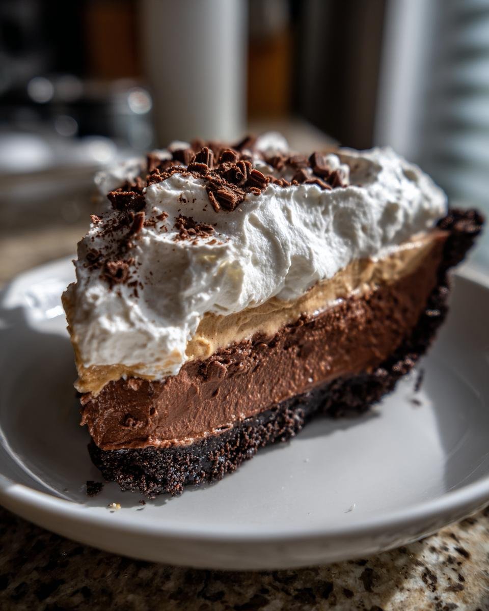 Nahaufnahme eines St&uuml;cks Dekadenter No Bake Chocolate Peanut Butter Pie mit Schokoladenboden und Sahnetopping.