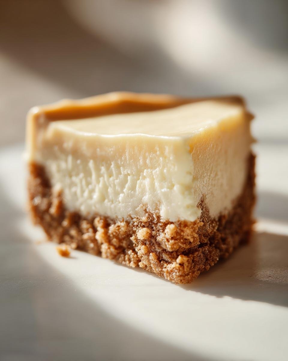 Nahaufnahme eines St&uuml;cks Decadent White Chocolate Peanut Butter Cheesecake mit Keksboden.