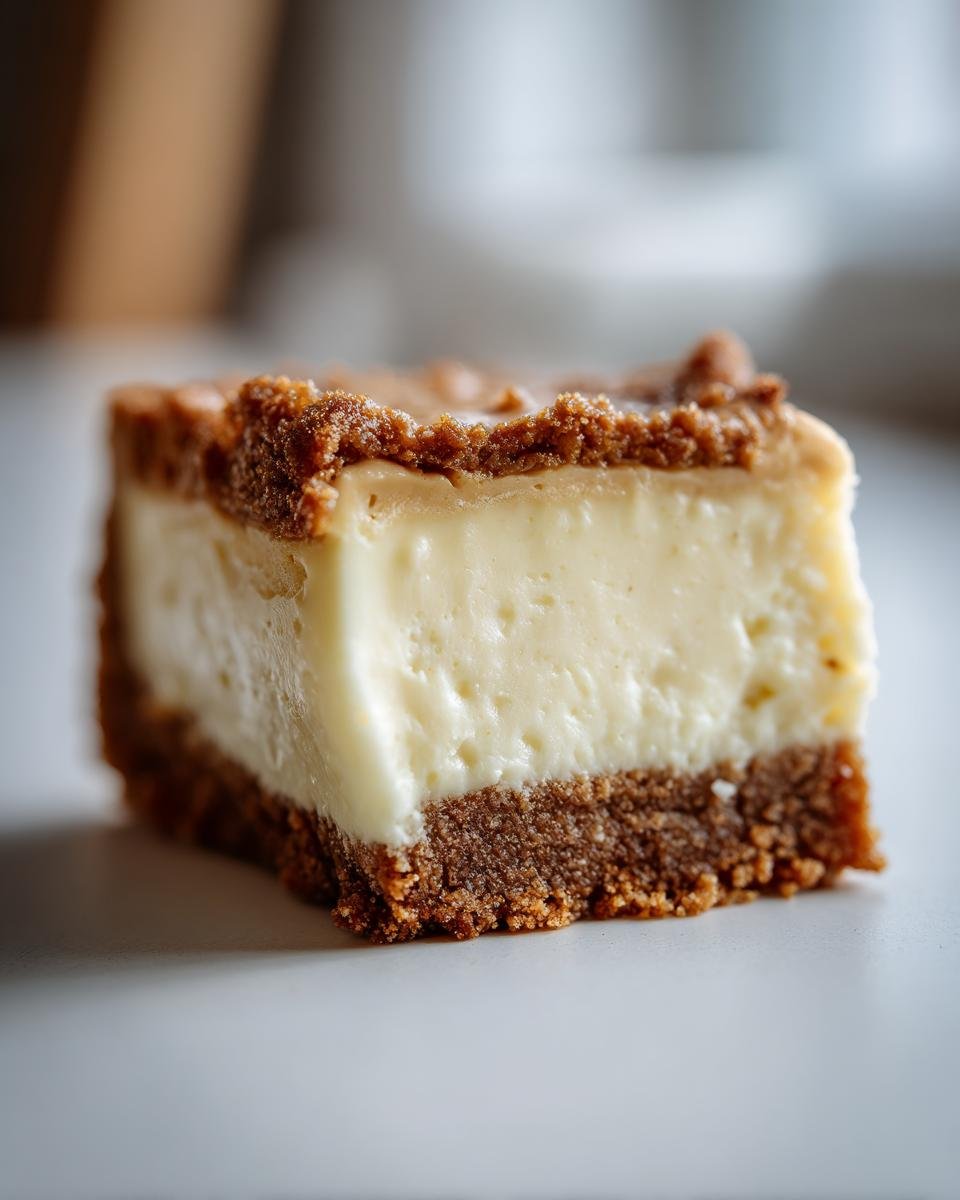 Nahaufnahme eines cremigen St&uuml;cks Decadent White Chocolate Peanut Butter Cheesecake mit dunklem Keksboden.