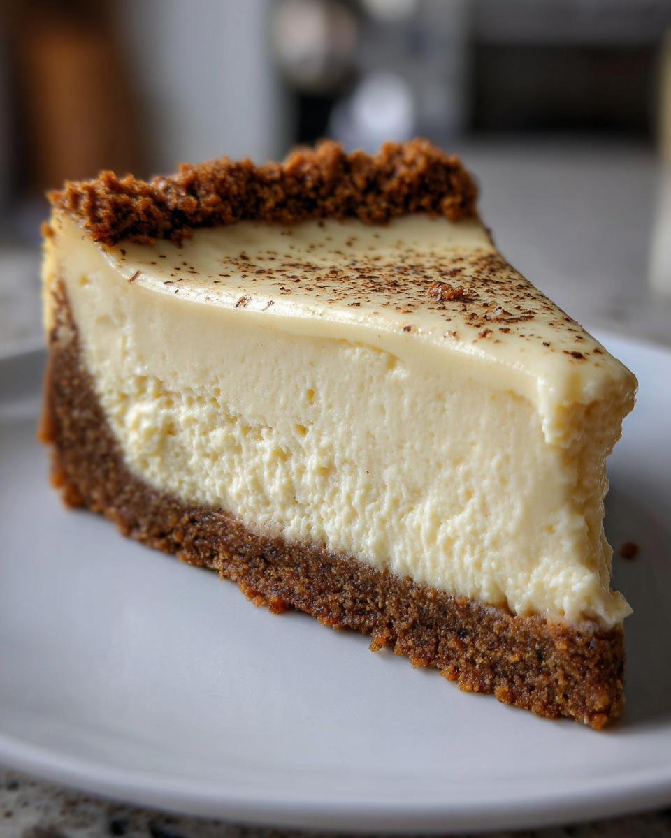 Nahaufnahme eines cremigen St&uuml;cks Decadent White Chocolate Peanut Butter Cheesecake mit Keksboden.