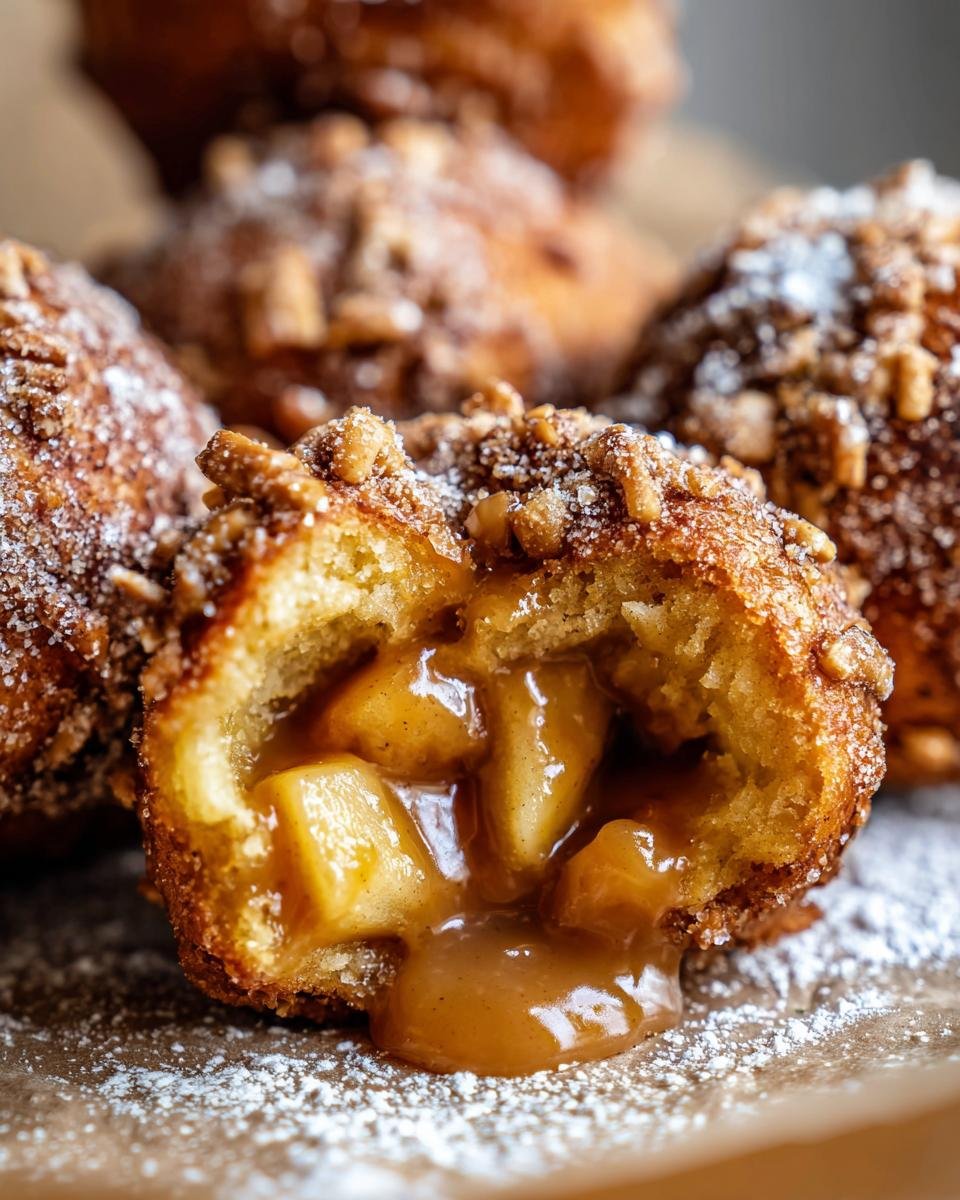 Aufgeschnittene S&uuml;&szlig;e Salzige Karamell-Apfel-Brezel-Bissen mit fl&uuml;ssiger Karamellf&uuml;llung und Apfelst&uuml;cken.
